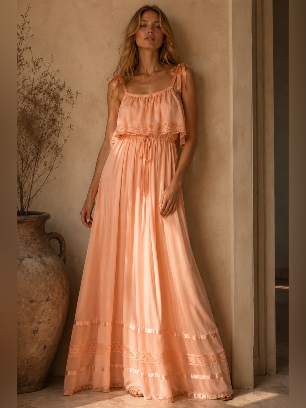 Vintage 70s Peach Prairie Maxi Dress | Lace Trim Tiered Dress | Romance